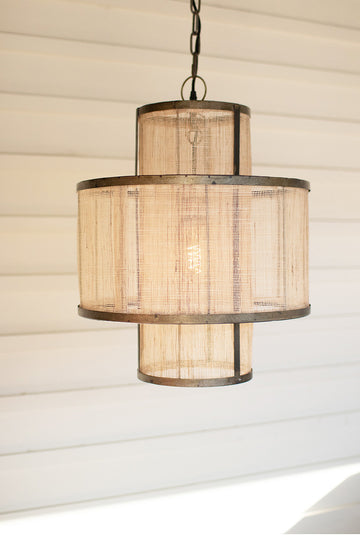 Round Double Layer Woven Fiber and Metal Pendant Light