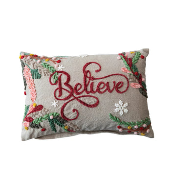 Believe Cotton Chambray Embroidered Lumbar Pillow