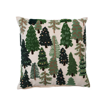 Cotton Slub Embroidered Pillow with Trees
