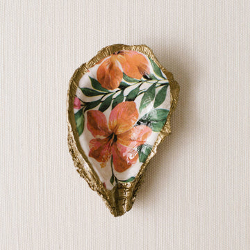 Decoupage Oyster Jewelry Dish - Tropical Hibiscus