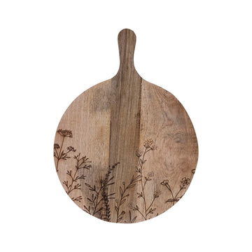 Mango Wood Cheese Cutting Board With Laser Etched Botanicals