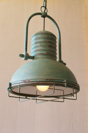 Antique Turquoise Pendant Light with Glass and Wire Cage