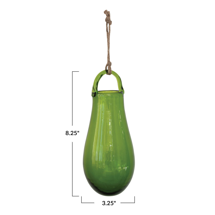 Green Hand Blown Glass Vase with Hanger