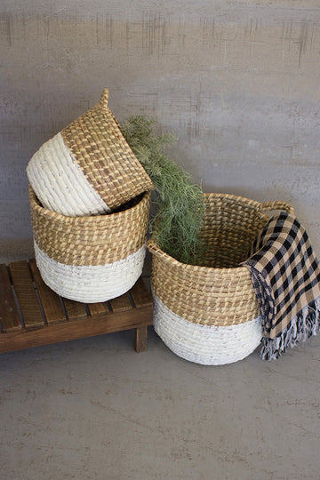 White Dipped Seagrass Hamper with Handles